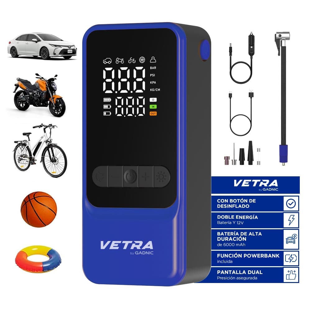 Inflador Portátil Vetra By Gadnic 150 PSI Digital Bateria Recargable Función Desinflado Linterna LED